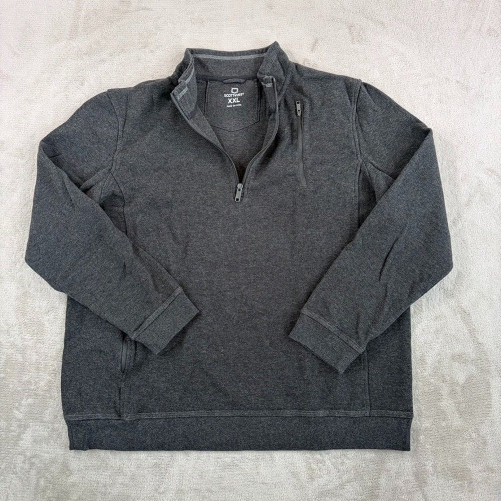 SCOTTeVEST 1/4‎ Zip Sweater Pullover in Grey Ribbed Zip Pockets Men 2XL Travel